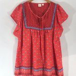 Gap Peasant Top MEDIUM Red Cap Sleeved Flower Print Tie Neck Womens NWOT Photo 0