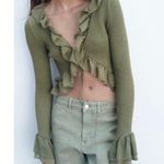 ZARA Green Ruffle Flounce Long Sleeve Ribbed Knit Tie Cardigan Crop Top Size S Photo 0