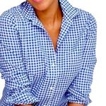 UNTUCKit NWT Women’s Belleza Button Up Dress Shirt Blue Buffalo Plaid Size 8 Photo 0