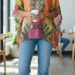 Chico's V Neck Kaftan Tunic Top Multi Color Ikat Print Sheer Kimono Sleeve S M Photo 0