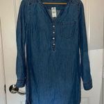 EXPRESS NWT  Chambray Shirt Dress V neck long sleeves collarless medium wash XS Photo 0
