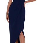 XScape Navy Blue Ruffle Off Shoulder Maxi Dress Formal Tulip Hem Event Wedding Photo 0