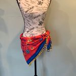 Large Lightweight Colorful Red Yellow Blue Flowered Square Scarf with Pom Poms Photo 3