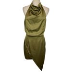 Elliatt  Camo Asymmetric Satin Halter Dress in Khaki Green Photo 6