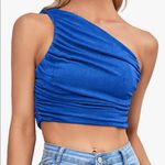 Ruched one shoulder cropped tank! Never worn, Like new! Blue Photo 1