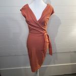 MUXXN Womens Coral V Neck Cap Sleeve Wrap Tie Waist Sheath Dress Size S Retro Orange Photo 4