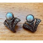 VTG Kjl For Avon Faux Marcasite Faux Pearl Floral Design Earring Set‎ Art Deco Silver Photo 5