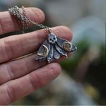 Vintage Style Skull Head With Asymmetric Sun Moon Double Wings Moth Pendant Silver Photo 3