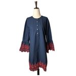 J.Crew  Dress Women Medium Navy Red Embroidered Eyelet Bell Sleeve Mini Preppy Photo 1