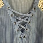 EXPRESS  Blue Striped Crochet Lace Cap Sleeve Lace Up V-Neck Top Small Photo 2
