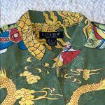 Citron Santa Monica Dragon Lotus Asian Printed Silk Shirt Olive Green Large Photo 6