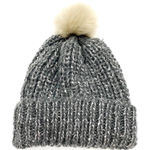 Knit Beanie Hat Rib Knit Gray Faux Fur Pom Pom Unisex OS One Size Winter Photo 0