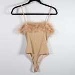 Lovers + Friends Lana Metallic Nude Shimmer Sparkle Ribbed Feather Trim Bodysuit Photo 3
