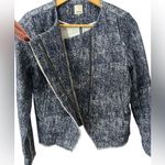 Ecru Women’s Blue Printed Fringe Trim Tweed Jacket Asymmetrical Zip Blazer Small Photo 2