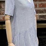 CARAMELA light blue and white pinstriped peplum blouse w/keyhole back / L / EUC Photo 1