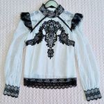 NWOT Womens Lace Embroidery Black Polka Dot Shirt Blouse Sz 3 Long Sleeve White Photo 0