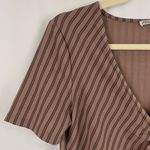 ZARA New  Ruffled Ruched Dress V-Neck Short Sleeve Midi Brown Stripe Photo 6