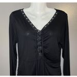 Love NY LA Top Womens Large Black Long Sleeve V Neck Lace Up Eyelet Ruched Shirt Photo 6