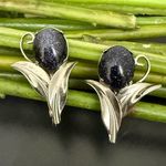 Handcrafted Unsigned Midnight Blue Goldstone Sunstone Gemstone Flower Earrings Photo 0