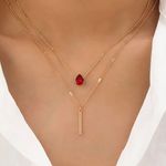 Simple Gold Tone Teardrop Shape Red Zircon Long Rod Pendant Double Layer Chain Multiple Photo 0