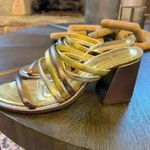 Farm Rio  Sandal Womens 10 Metallic Gold Pewter Strappy Block Heel Slip On Shoes Photo 1
