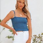 VICI Vintana Smocked Tencel Cropped Straps Tank Top- Denim Blue- Large Photo 1