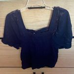 Monteau  Navy Blue Smocked Ruffle Crop Blouse size Medium Photo 0
