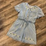 90s Denim Embroidered Romper Blue Photo 0