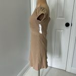 Line and Dot  Ribbed Puff Sleeve Off Shoulder Dress Tan Photo 2