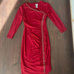 Cache Red Rhinestone Ruched Sheath Dress Long Sleeve V-Neck Cocktail Party Photo 0