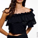 ZARA One Shoulder Eyelet Ruffle Top Black Large Stretchy Photo 0