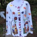 Vintage 90s Colorful Funky Floral Square Button Cardigan size Large White Photo 1