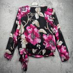 Roz & Ali  Blouse Large Pink Floral Tie Front Sheer Sleeve Black Pop Color Luxe Photo 2