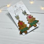 JEWELED ART Hand Painted Tis the Season Christmas Tree Wood Engraved Earrings Red Photo 3