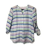 Talbots Top Womens Medium Petite Striped Linen Blend Beachy Popover Coastal Photo 0