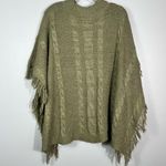 SheIn Cable Fisherman Knit Green Fringe Trim Open Side Oversized Poncho Sweater Photo 3