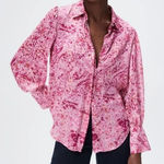 ZARA  pink satin abstract print button-down blouse with bishop sleeves Large 740 Photo 0