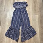 Japna  Jumpsuit Size L Striped Blue/White Strapless Trendy Wide‎ Leg Palazzo Photo 2