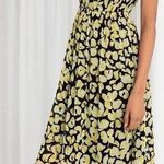 & Other Stories & Other Stories Gathered Floral Midi Dress Yellow Black Tie Flowy V Neck Size 6 Photo 0