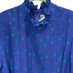 Vintage 80s CIAO LTD Size 14 Midi Dress Ruffle Blue Green Polka Dots Librarian Photo 5