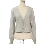 Topshop Light Gray Button Up V-Neck Long Puff Sleeve Wool Bend Cropped Cardigan Photo 0