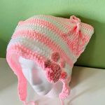 Handmade Pink & White Striped Crochet Cat Ear Bonnet Photo 1