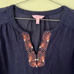 Lilly Pulitzer Navy Blue Lurex Stripe Coral Embroidery Tunic Top Size S Photo 3