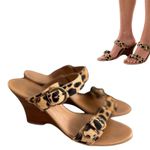 Coldwater Creek Y2K FUR LEOPARD BUCKLE STRAPPY HEELS WEDGE SANDALS SZ. 8-8.5 Photo 1
