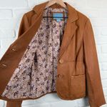 Nine West  Women's 100% Leather Jacket Tan Floral Lining two Button Blazer L Photo 2
