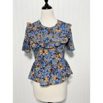 ZARA  Exaggerated Ruffle Floral Print Blouse Top Short Sleeve‎ Blue Orange Small Photo 11