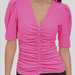 DKNY Pink Puff Sleeve Top with Ruched Design and 3/4 Sleeves Photo 0
