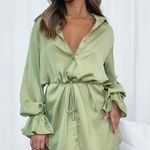 White Fox Boutique Only Gets Better Mini Dress Matcha - White Fox Green Satin Button Dress Photo 0