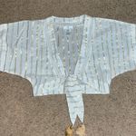 Miguelina Saanchi Cropped Striped Metallic Cotton Gauze Tie Front Tassel Top S White Photo 4