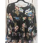 CHELSEA & THEODORE Black Floral Tiered Peasant Blouse Top XL Long Sleeve Tie Photo 4